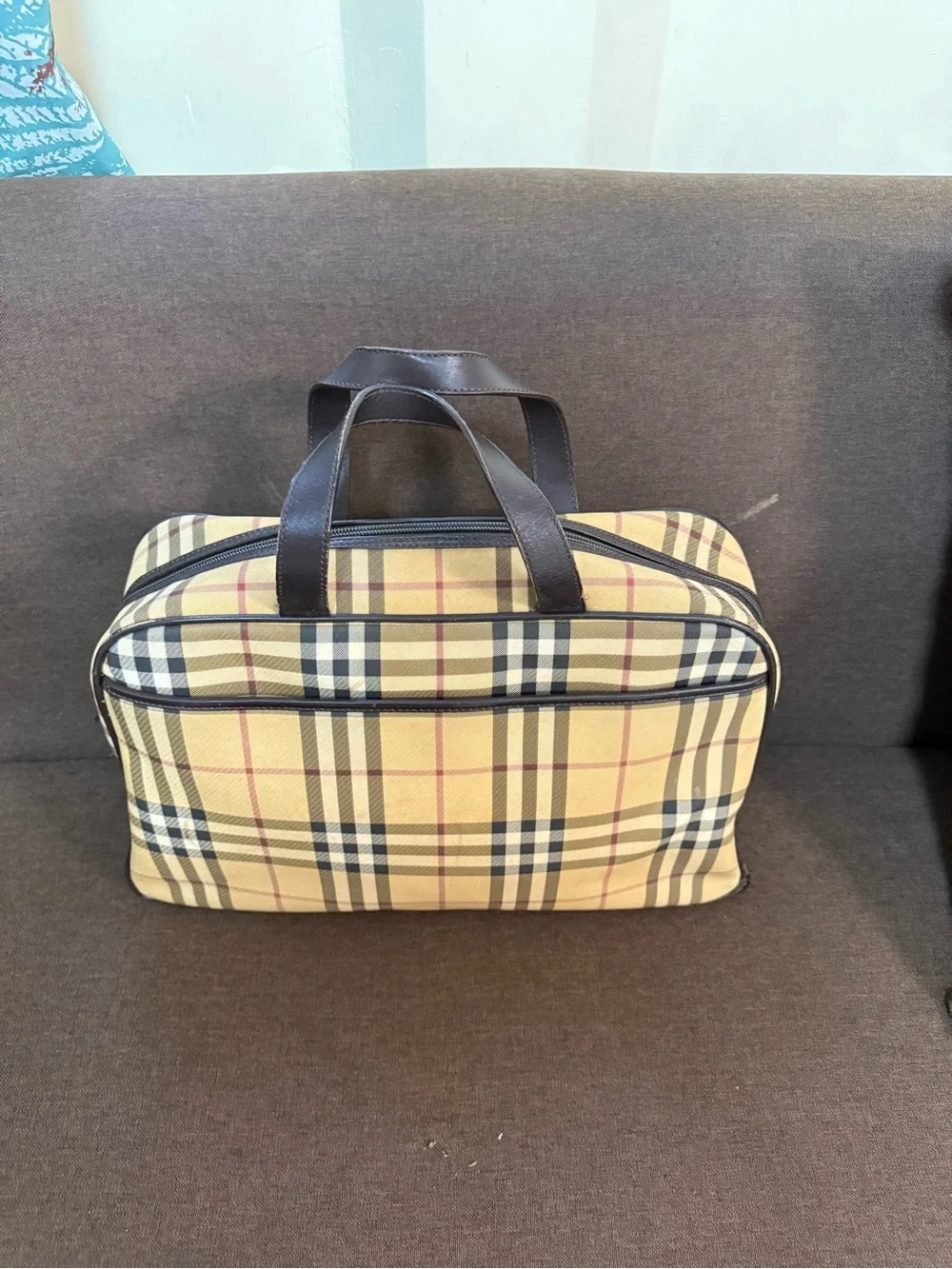 Burberry Beige Plaid Travel Bag with Dark Brown Handles - Picture 1 of 7
